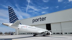 A porter airplane parked at the Ottawa International Airport