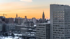 Downtown Ottawa skyline in winter board of trade