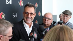 Ottawa Senators owner Michael Andlauer speaks to media at Centre Slush Puppie in Gatineau on Sept. 21. (Photo by Mia Jensen)