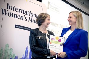 From left, Jennifer Francis was presented a Community Builder Award by United Way East Ontario board member Jennifer Madigan at the Women Angel Investor Breakfast held Tuesday, March 5, 2024 at Bayview Yards. Photo by Caroline Phillips
