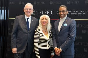 From left, University of Ottawa president and vice-chancellor Jacques Frémont, family enterprise leader Patricia Saputo, and Telfer School of Management Dean Stéphane Brutus at a donor recognition event honouring Saputo for her significant donation to Telfer's Family Enterprise Legacy Institute. Photo by Caroline Phillips