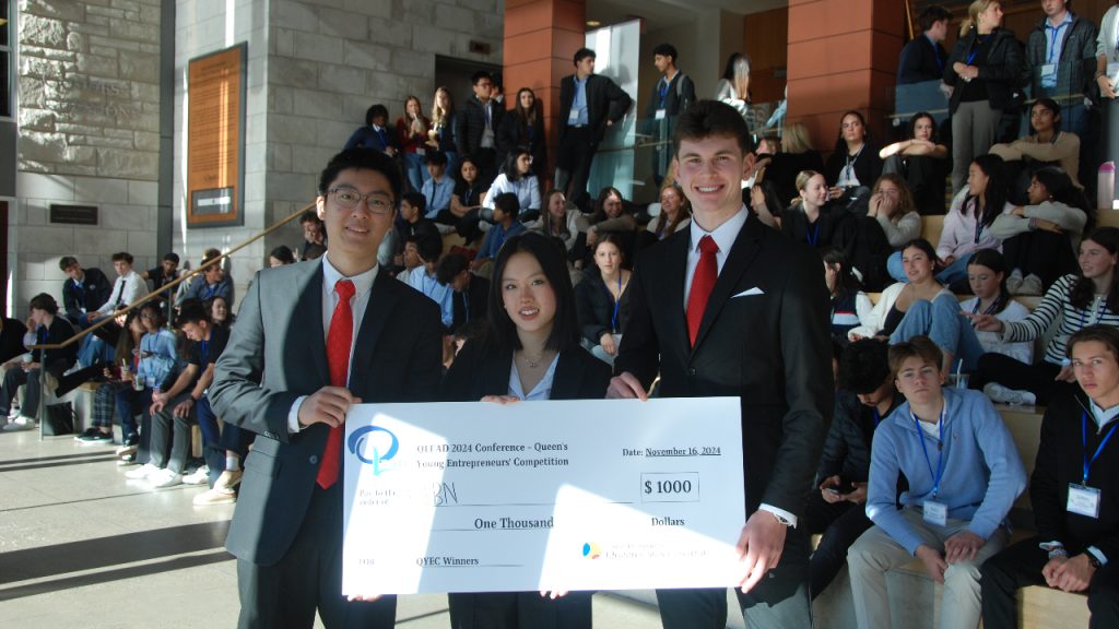 Ashbury College students Bupa Zhang, Reese Shu and Aiden O'Reilly won a national pitch competition for their AI-backed gift-giving service Ribn. Photo provided.