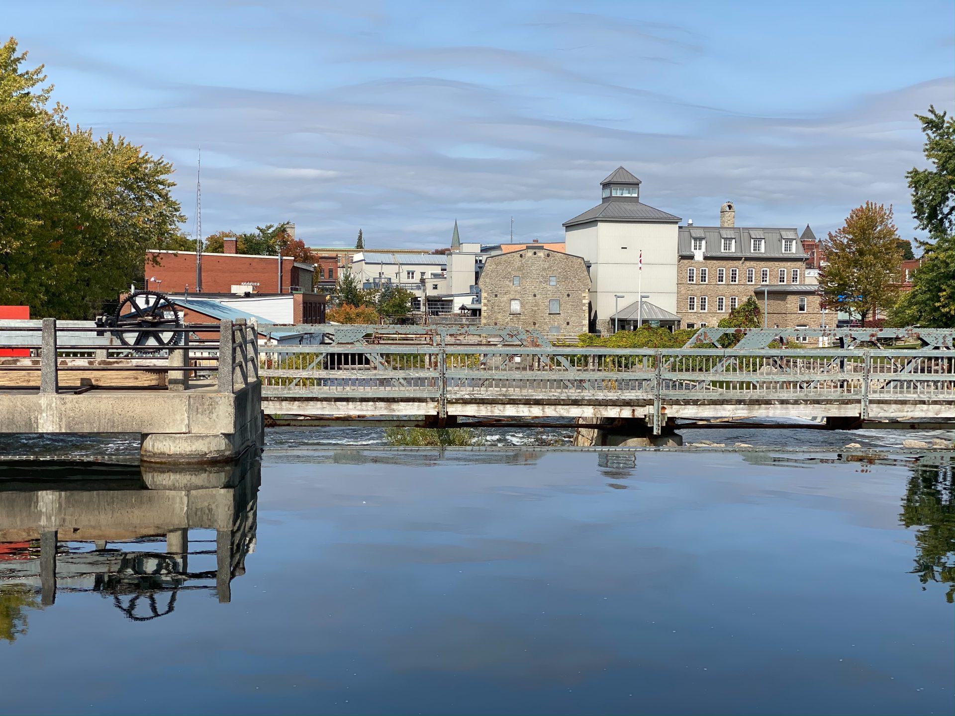 Heritage buildings line one side of the Rideau Canal Waterway in downtown Smiths Falls.
